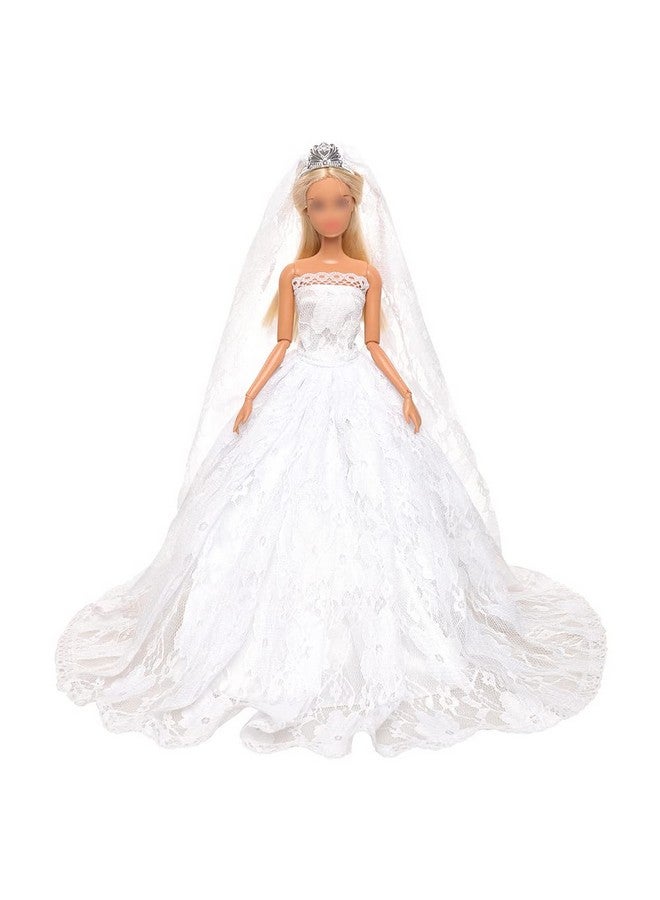 فستان زفاف أبيض بحجاب طويل لحفلات السهرة فستان دانتيل أبيض للدمية الفتاة مقاس 11.5 بوصة
