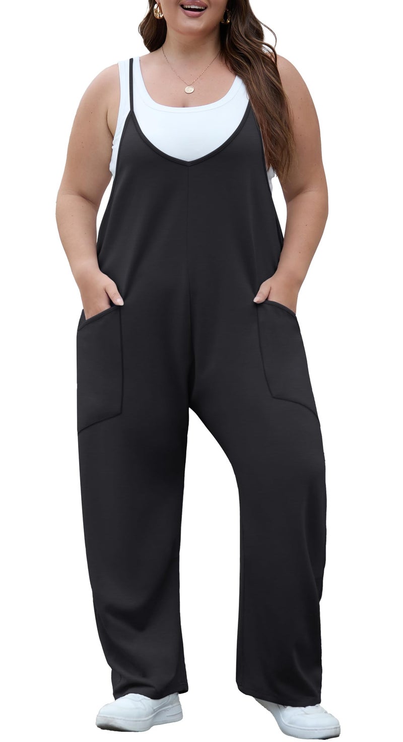 OLRIK Plus Size Jumpsuit for Curvy Women Long Loose Fit Rompers Casual Stretchy Overalls with Pockets Spring Summer Outfits 2026 Black-2X - Image 1