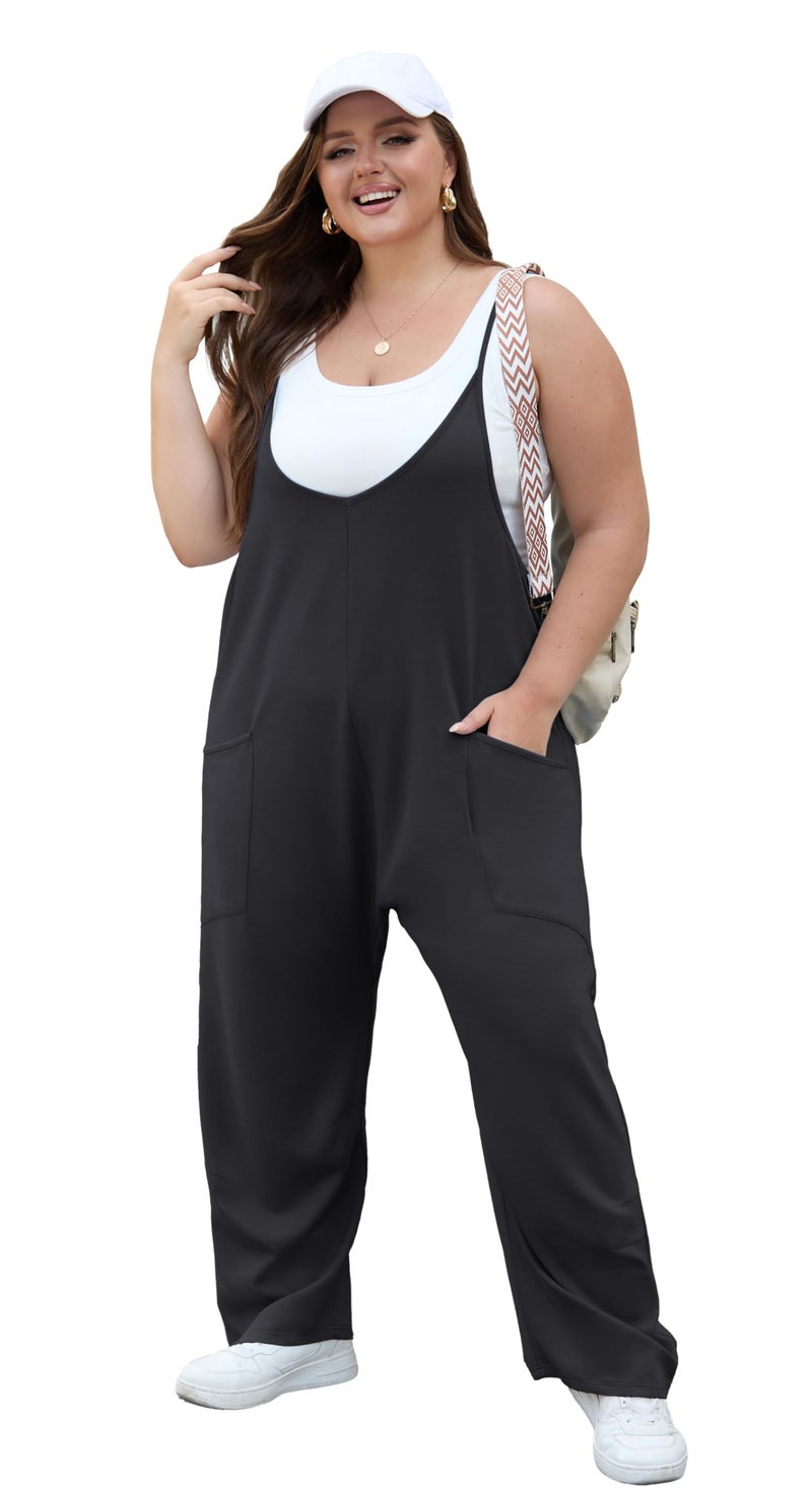 OLRIK Plus Size Jumpsuit for Curvy Women Long Loose Fit Rompers Casual Stretchy Overalls with Pockets Spring Summer Outfits 2026 Black-2X - Image 2