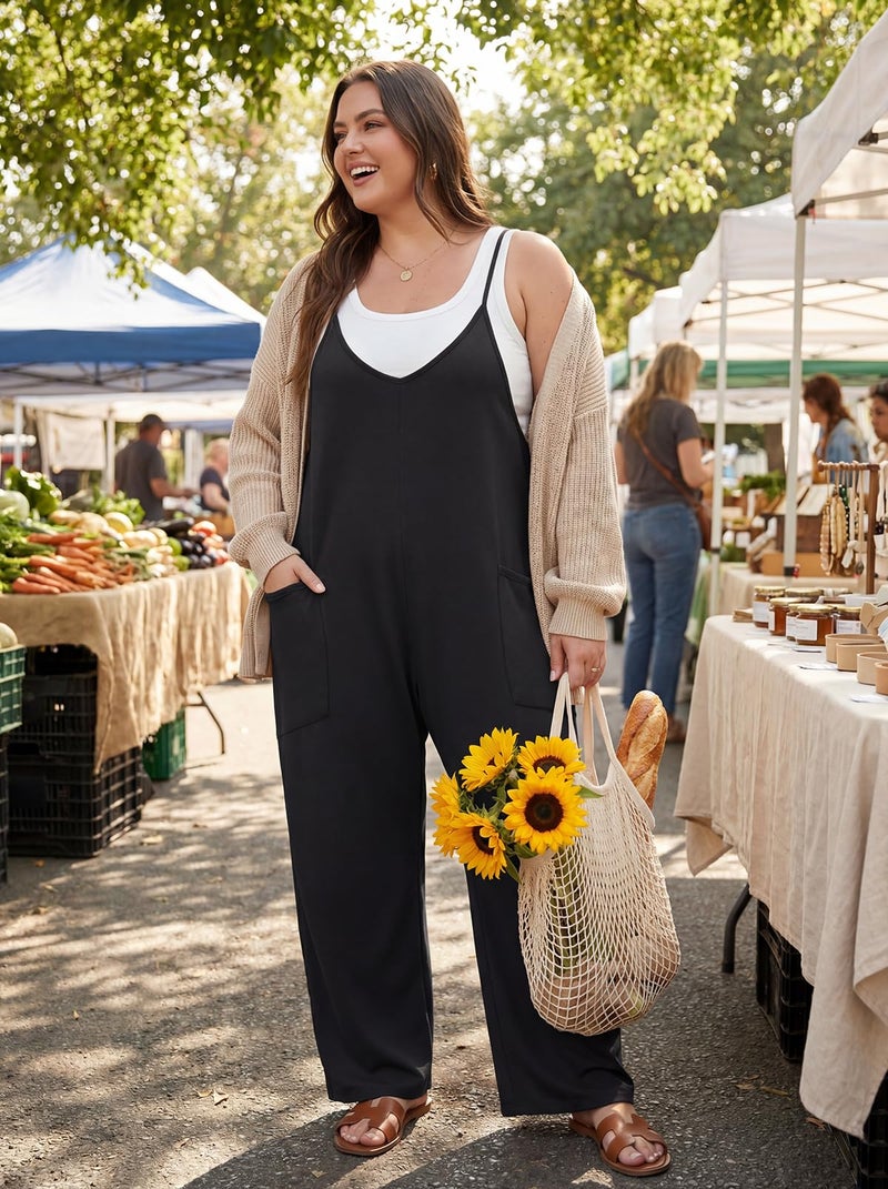 OLRIK Plus Size Jumpsuit for Curvy Women Long Loose Fit Rompers Casual Stretchy Overalls with Pockets Spring Summer Outfits 2026 Black-2X - Image 3