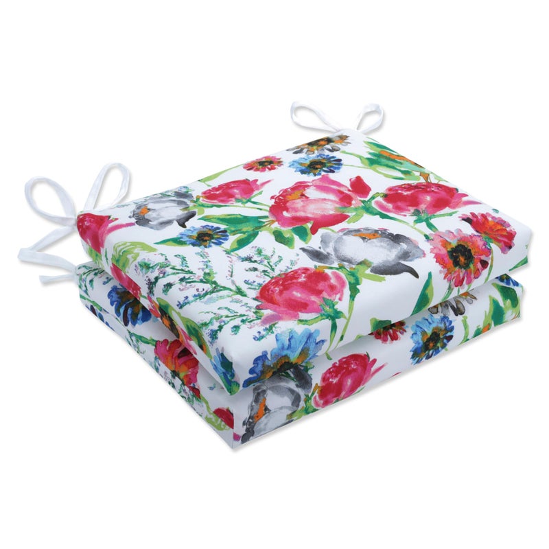 Pillow Perfect Bright Floral IndoorOutdoor Square Corner Chair Seat Cushion with Ties Plush Fiber Fill Weather and Fade Resistant 16 x 185 PinkBlue Flower Mania 2 Count
