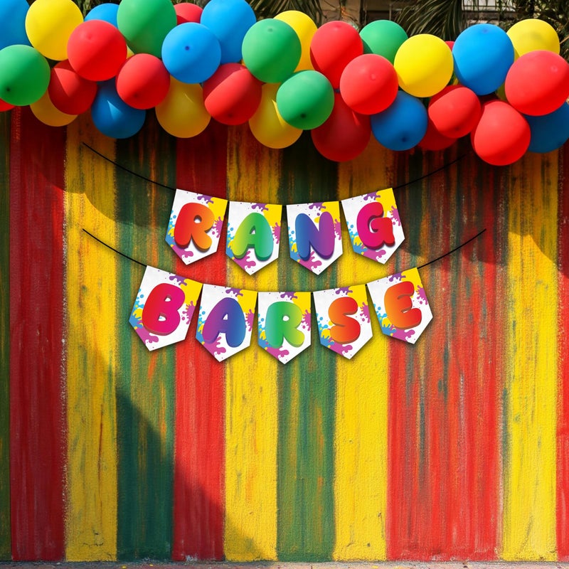 1iAM Happy Holi Decoration Combo Pack of 32 - 1pc "RANG BARSE" Banner, 30pcs Balloons & 1pc Arch | 14th March Decoration Items for Home, Office, Club, Schools, Collage, Restaurant, Apartment, Society - Image 1