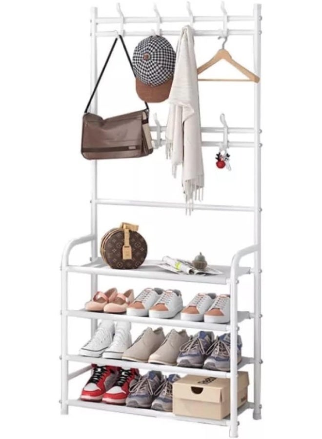 Generic HEXAR Entryway Multipurpose Rack for Cloth, Coat, Keys, Cap with 4 Tier Shoe organizer & Storage with 8 Hooks (White) - Image 1