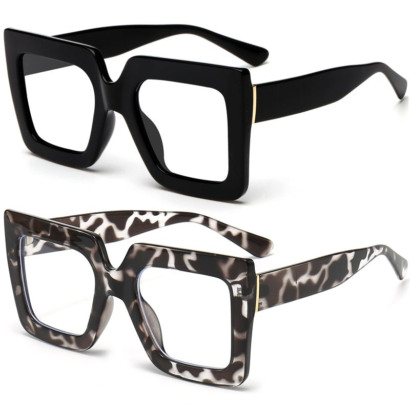 Breaksun Oversized Blue Light Glasses for Women Fashion Thick Square Computer Eyewear Non-Prescription Black Glasses (Black+ White Leopard) - Image 1