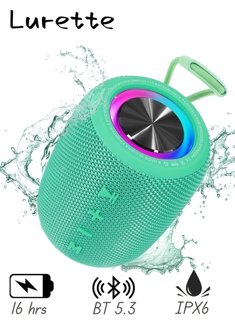 Lurette Portable Bluetooth Speaker, BT5.3 Wireless Speaker 10W Bass Diaphragms with Multi LED Light Dynamic Modes, IPX6 Waterproof 16H Playtime supports FM Mode, TF, USB for Home, Cycling, Outdoor, Beach-Teal - Image 1