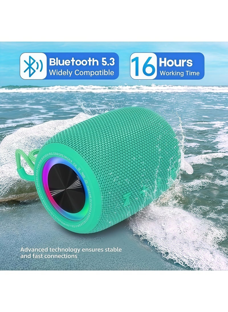 Lurette Portable Bluetooth Speaker, BT5.3 Wireless Speaker 10W Bass Diaphragms with Multi LED Light Dynamic Modes, IPX6 Waterproof 16H Playtime supports FM Mode, TF, USB for Home, Cycling, Outdoor, Beach-Teal - Image 4