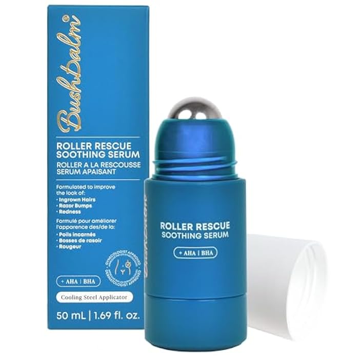 Bushbalm Roller Rescue Ingrown Hair Serum, Includes AHA and BHA - Exfoliating, Soothing, Cooling for Intimate Areas, Underarms - Helps With Razor Bumps and Ingrown Hairs, Blue 50 ml - Image 1