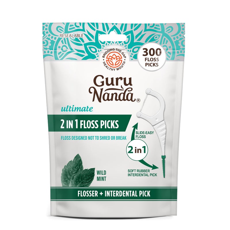 GuruNanda 2 in 1 Dental Floss Picks for Oral Care, PFAS Free â€“ Non-Slip Grip, Slide Easy, No Break or Shred Flosser with Interdental Pick for Healthy Teeth & Gums â€“ Mint Flavor, 300 Count (1 Pack) - Image 1