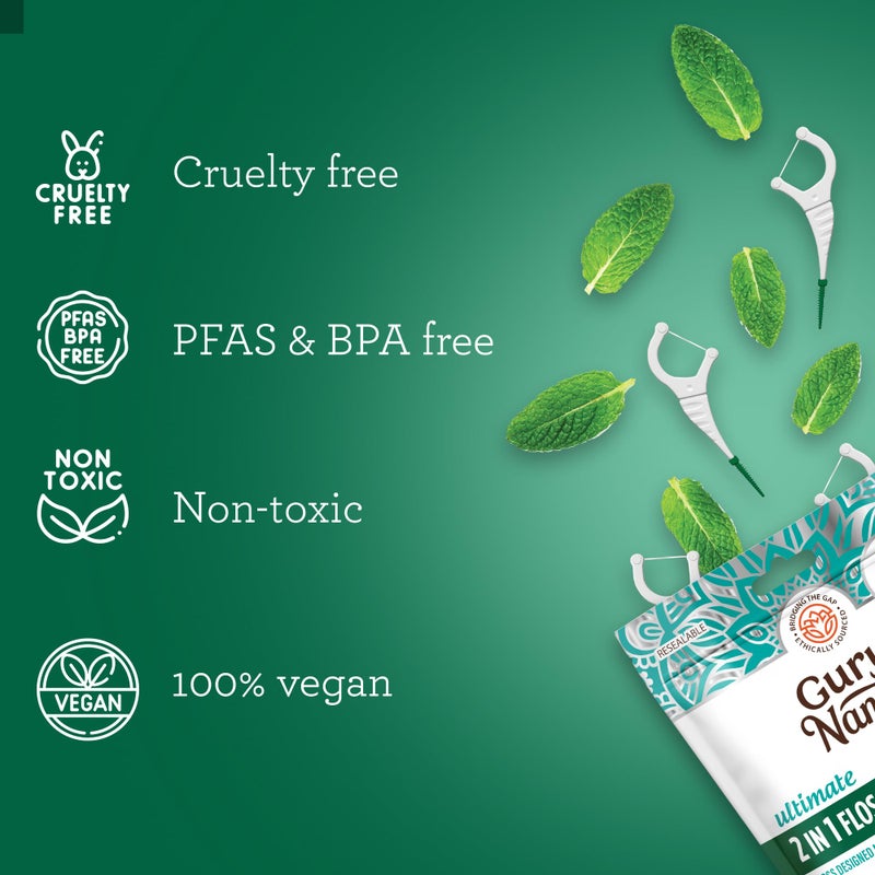 GuruNanda 2 in 1 Dental Floss Picks for Oral Care, PFAS Free â€“ Non-Slip Grip, Slide Easy, No Break or Shred Flosser with Interdental Pick for Healthy Teeth & Gums â€“ Mint Flavor, 300 Count (1 Pack) - Image 5