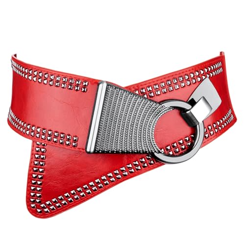 macoking Studded Wide Belts for Women Elastic Chunky Waistband for 80s Dress, Red, M - Image 1