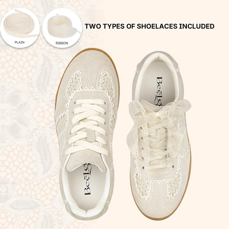 BeeLg Lace Detail Casual Sneakers for Women â€“ Elegant Ribbon Lace Fashion Sneakers with Sued Leather Upper Memory Foam Insole Trendy Casual Shoes for Daily Outfits Beige - Image 4