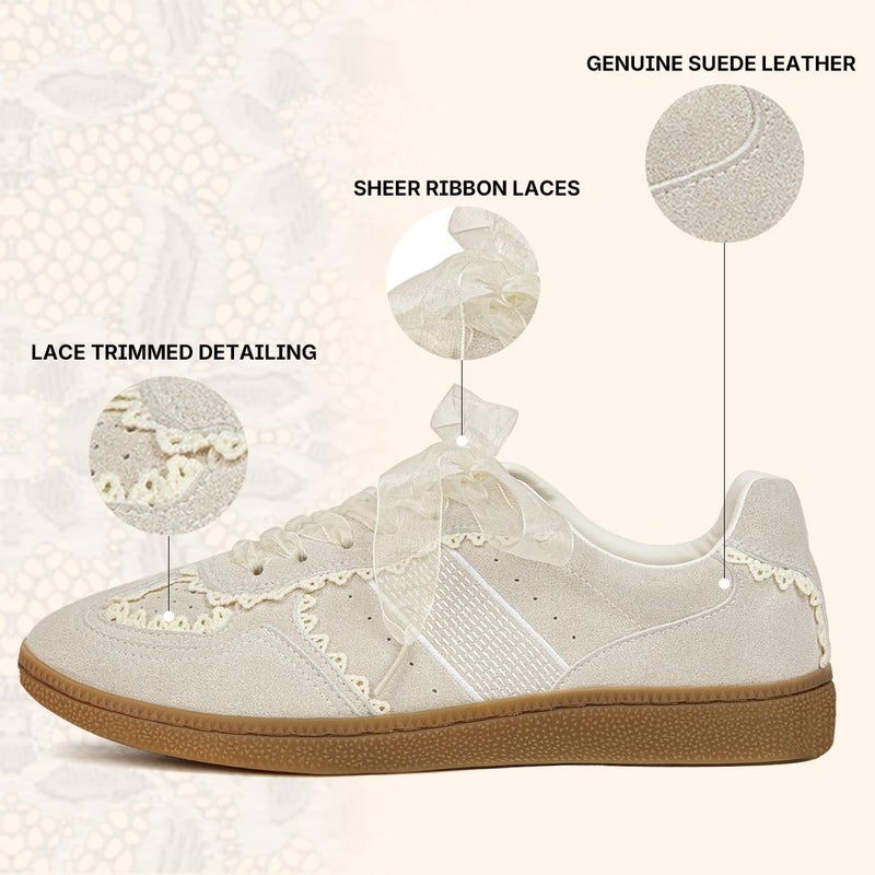 BeeLg Lace Detail Casual Sneakers for Women â€“ Elegant Ribbon Lace Fashion Sneakers with Sued Leather Upper Memory Foam Insole Trendy Casual Shoes for Daily Outfits Beige - Image 3
