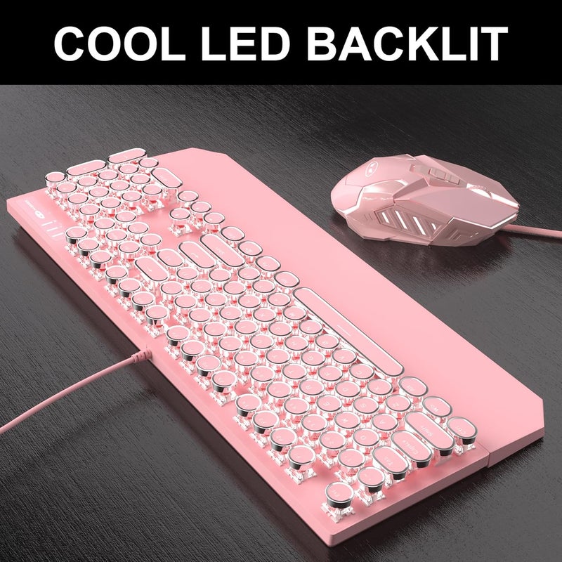 Camiysn Retro Pink Typewriter-Style Keyboard and Mouse Combo, Cute Light Up Wired Mechanical Keyboard with Linear Red Switches, Full Size for Gaming, Work, Mac, PC, Windows - Image 3