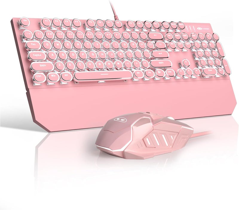 Camiysn Retro Pink Typewriter-Style Keyboard and Mouse Combo, Cute Light Up Wired Mechanical Keyboard with Linear Red Switches, Full Size for Gaming, Work, Mac, PC, Windows - Image 1