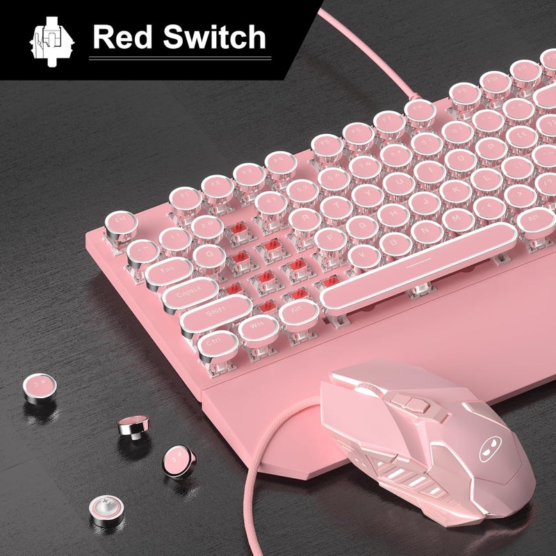 Camiysn Retro Pink Typewriter-Style Keyboard and Mouse Combo, Cute Light Up Wired Mechanical Keyboard with Linear Red Switches, Full Size for Gaming, Work, Mac, PC, Windows - Image 2