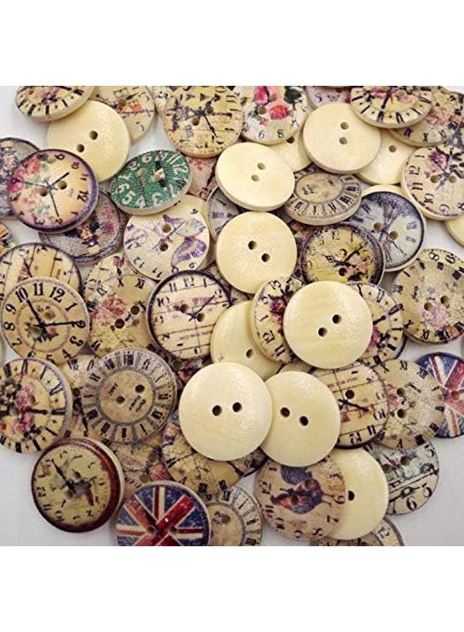 LASSUM 50 Pcs Vintage Style Mixed Patterns Clock 2 Holes Wooden Buttons Sewing Accessories Decorative Buttons 20mm - Image 3