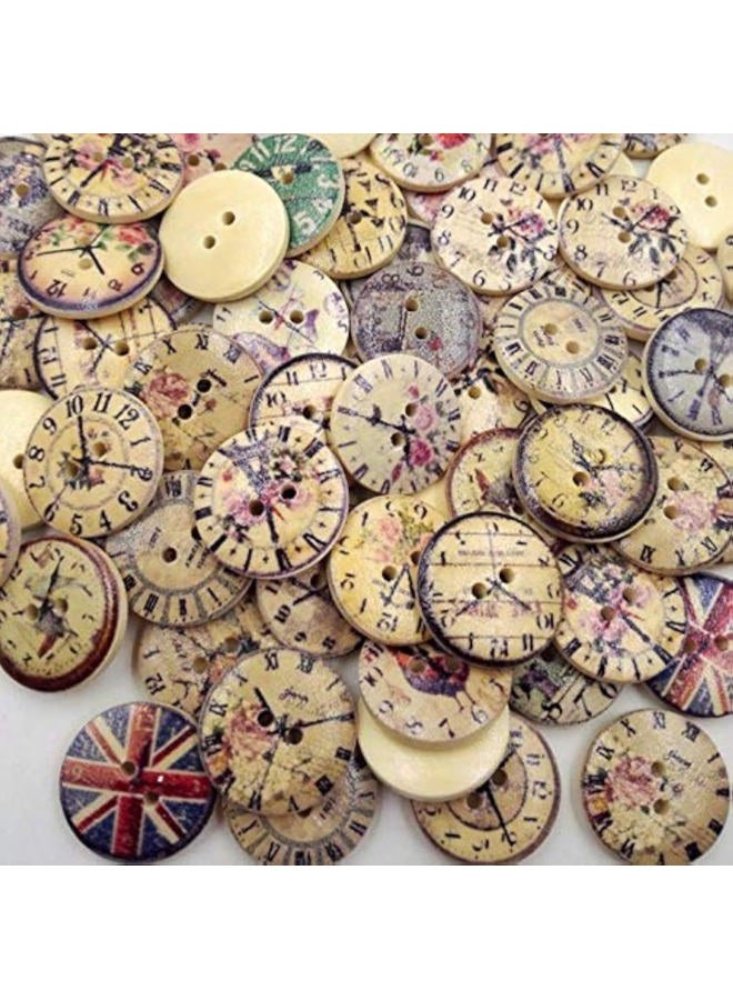 LASSUM 50 Pcs Vintage Style Mixed Patterns Clock 2 Holes Wooden Buttons Sewing Accessories Decorative Buttons 20mm - Image 1
