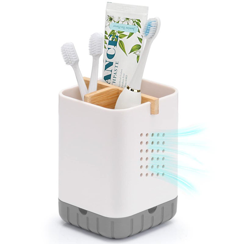 Boperzi Toothbrush and Toothpaste Holder with Bamboo Divider for Bathroom Countertop Organizer Plastic Detachable AntiSlip Large Electric Toothbrush Holders Storage Caddy Drainage for Family Kids