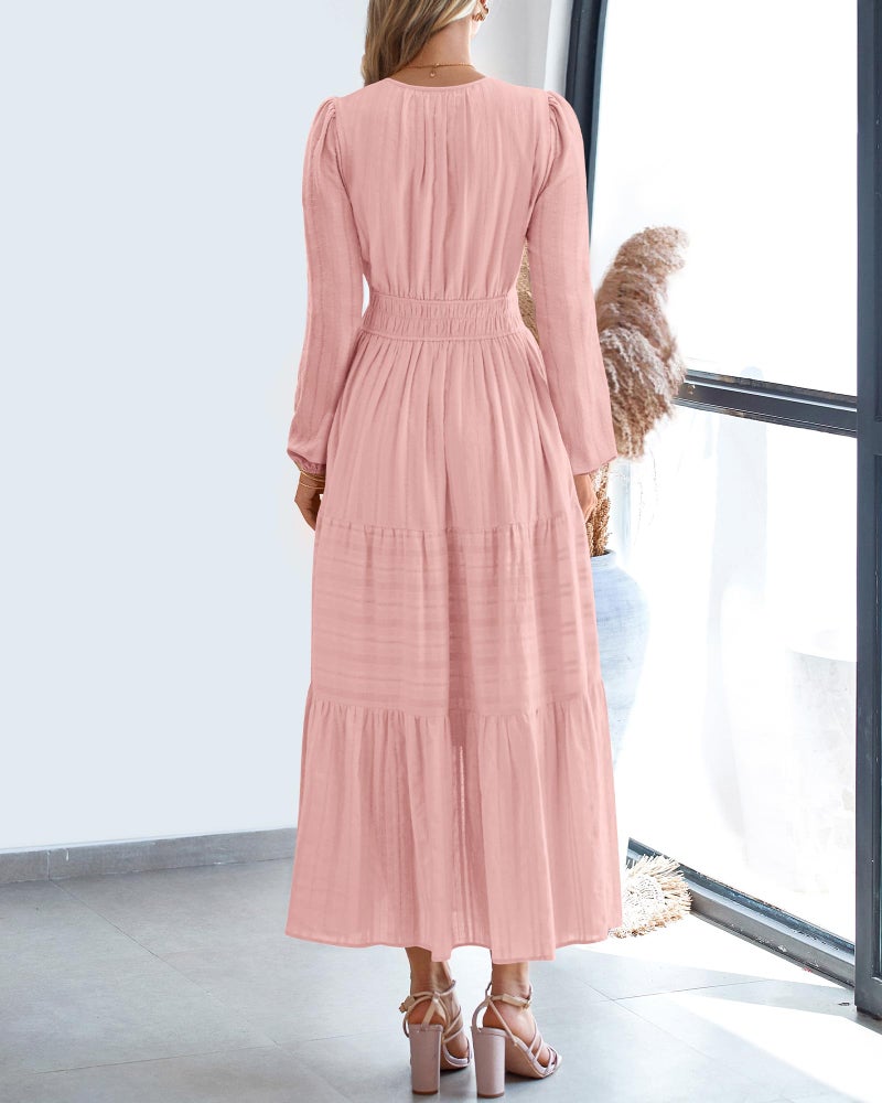BTFBM Spring Dresses for Women 2026 Casual Long Sleeve V Neck Elastic Waist Lightweight Maxi Wedding Guest Dress Pockets(Pink, Large) - Image 3