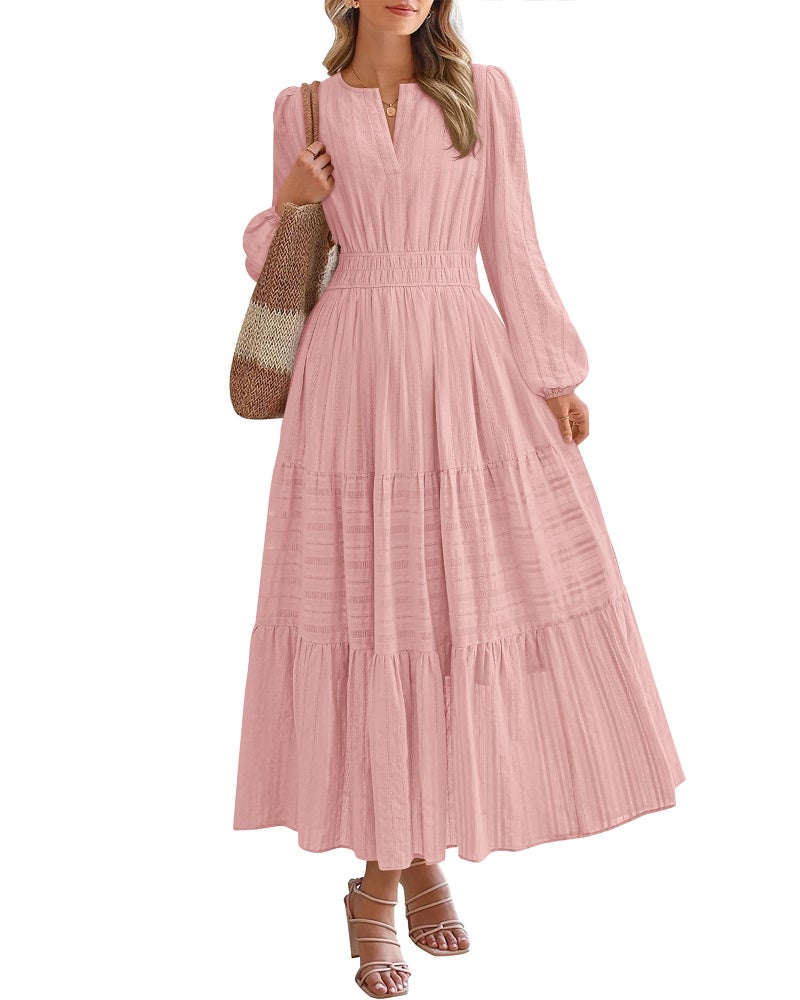 BTFBM Spring Dresses for Women 2026 Casual Long Sleeve V Neck Elastic Waist Lightweight Maxi Wedding Guest Dress Pockets(Pink, Large) - Image 1