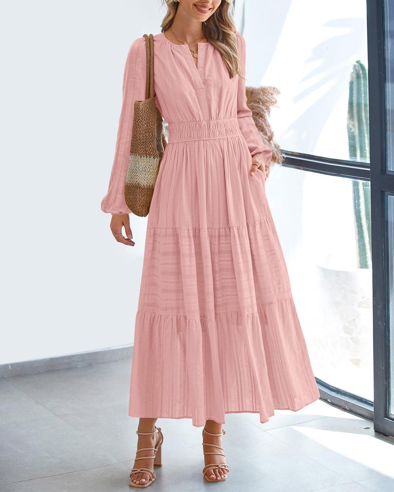 BTFBM Spring Dresses for Women 2026 Casual Long Sleeve V Neck Elastic Waist Lightweight Maxi Wedding Guest Dress Pockets(Pink, Large) - Image 2