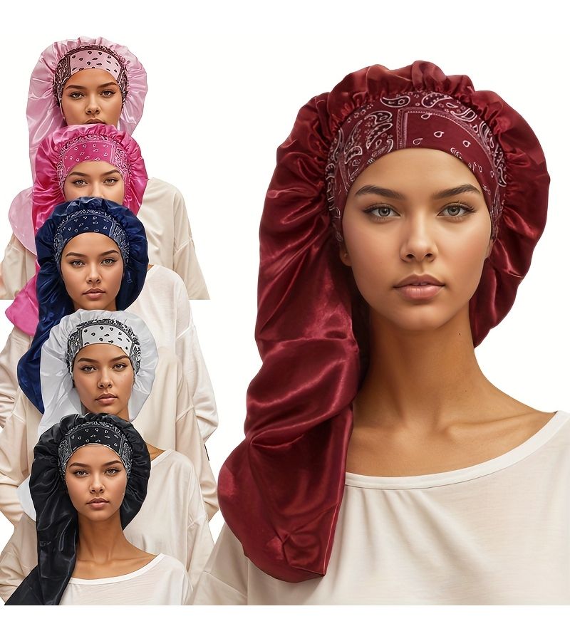 غطاء من الساتان الأزرق الداكن للنساء، قبعة نوم ناعمة ومريحة للاستخدام اليومي. - Image 1