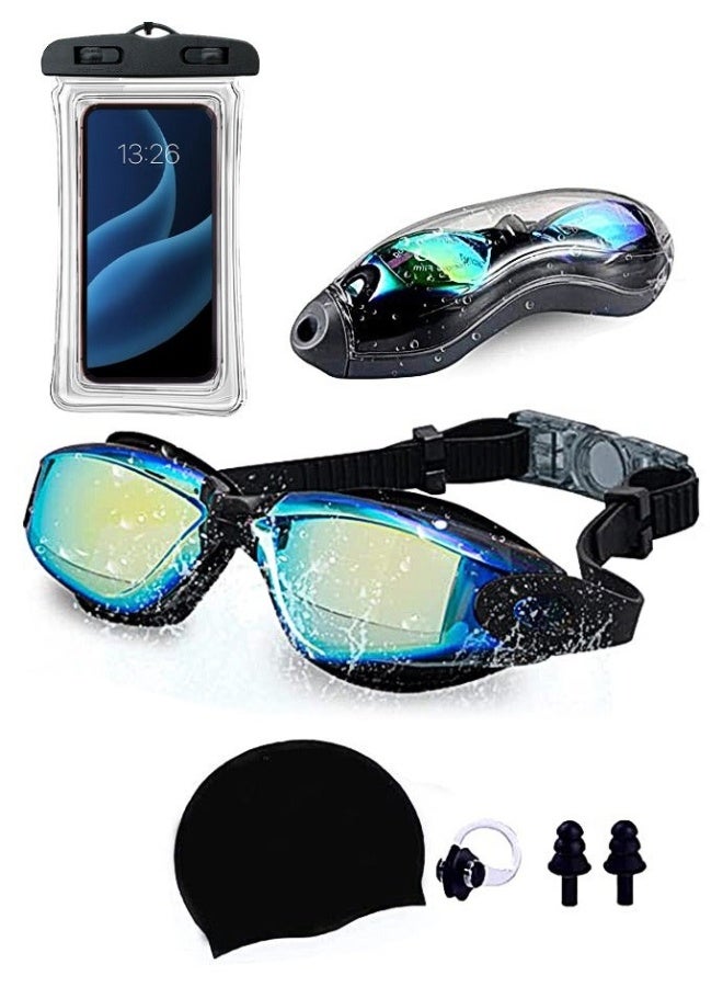 SUCITY 5-in-1 Anti-Fog Swimming Goggles - Goggle Set with Swimming Cap, Earplugs, Nose Clip, Leak-Proof Goggles - Waterproof Swimming Goggles that Can Effectively Block Ultraviolet Rays - Suitable for Men, W - Image 1