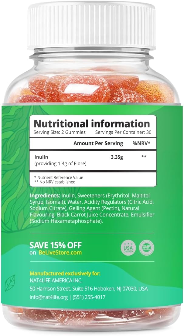 BeLive Fiber Gummies with SugarFree Prebiotic High Strength Inulin Fiber Supplement Weight Control Digestive Support for Kids Adults Apple Flavor 60 Ct 1 Pack - Image 2