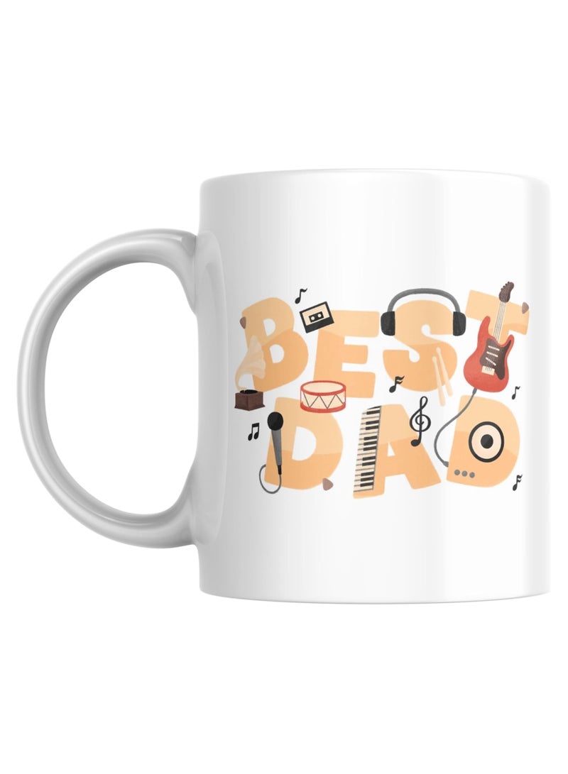 SiestaSafari Best Dad Coffee Mug - Musician Gift, White, with Printed Guitar, Piano, Drums, Music 