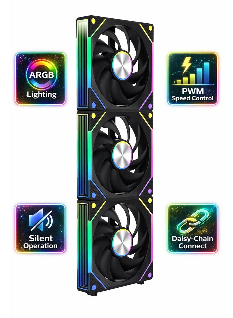 باور مجموعة من 3 مراوح تبريد لجهاز الكمبيوتر مقاس 120 مم بتقنية ARGB RGB PWM - مراوح هادئة عالية التدفق الهوائي مع إضاءة متسلسلة لأجهزة الكمبيوتر المخصصة للألعاب والمبردات. - Image 2