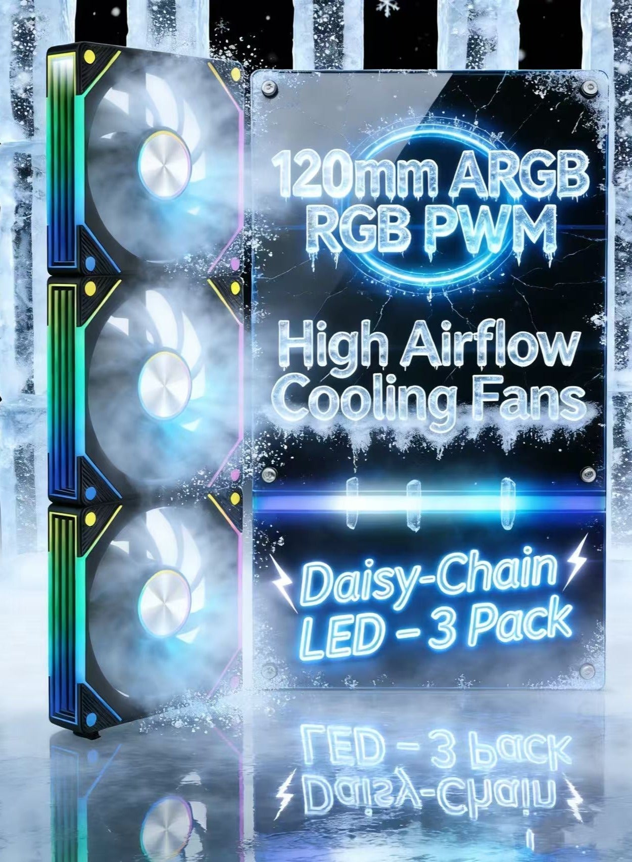 120mm ARGB RGB PWM PC Cooling Fans 3-Pack – Silent High Airflow Case Fans with Daisy-Chain Lighting for Gaming PC & Radiator