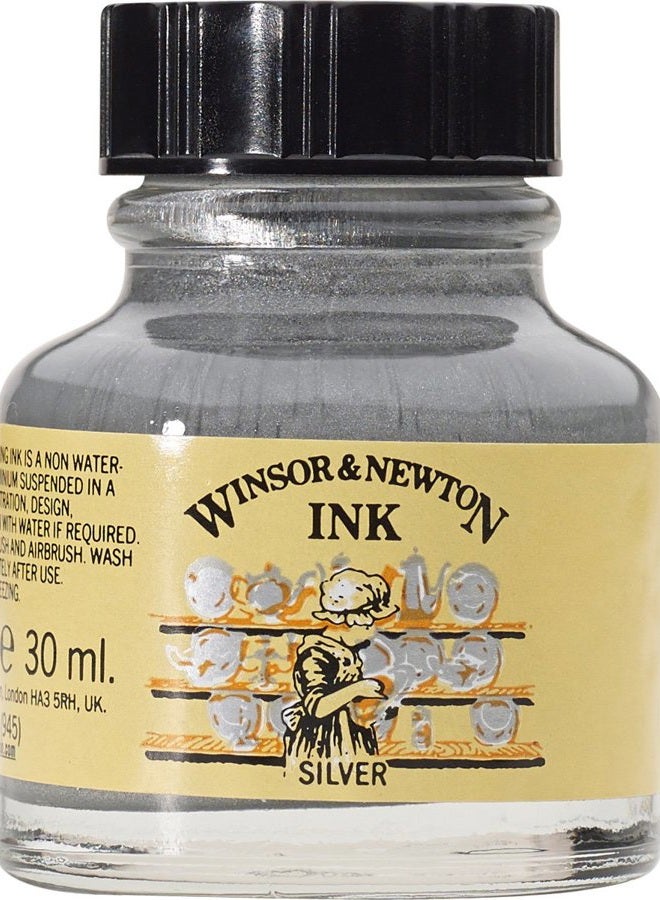 WINSOR & NEWTON حبر رسم، فضي 1 أونصة 30 مل زجاجة، 1010617 - Image 1