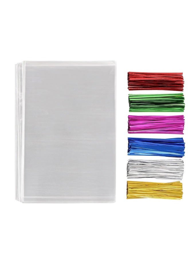 MoloTAR 200 Pcs 7 in x 5 in(1.4mil.) Clear Flat Cello Cellophane Treat Bags Good for Bakery, Cookies, Candies,Dessert with five random color Twist Ties! - Image 1