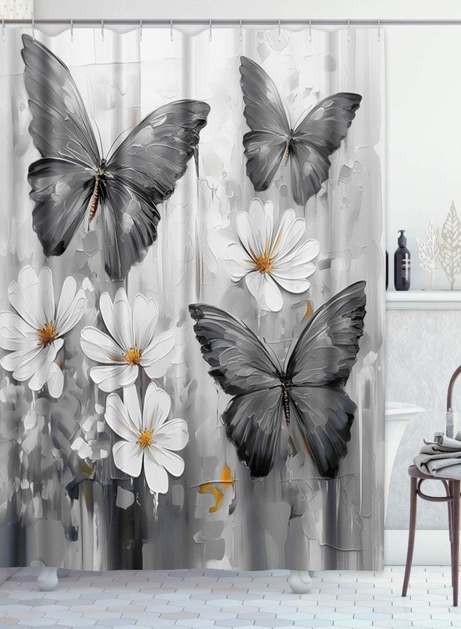Emvency Shower Curtain Tropical Morpho Butterflies Daisy Flowers Black Bathroom Home Decor Waterproof Polyester Fabric 72 x 72 inches Set with Hooks - Image 1