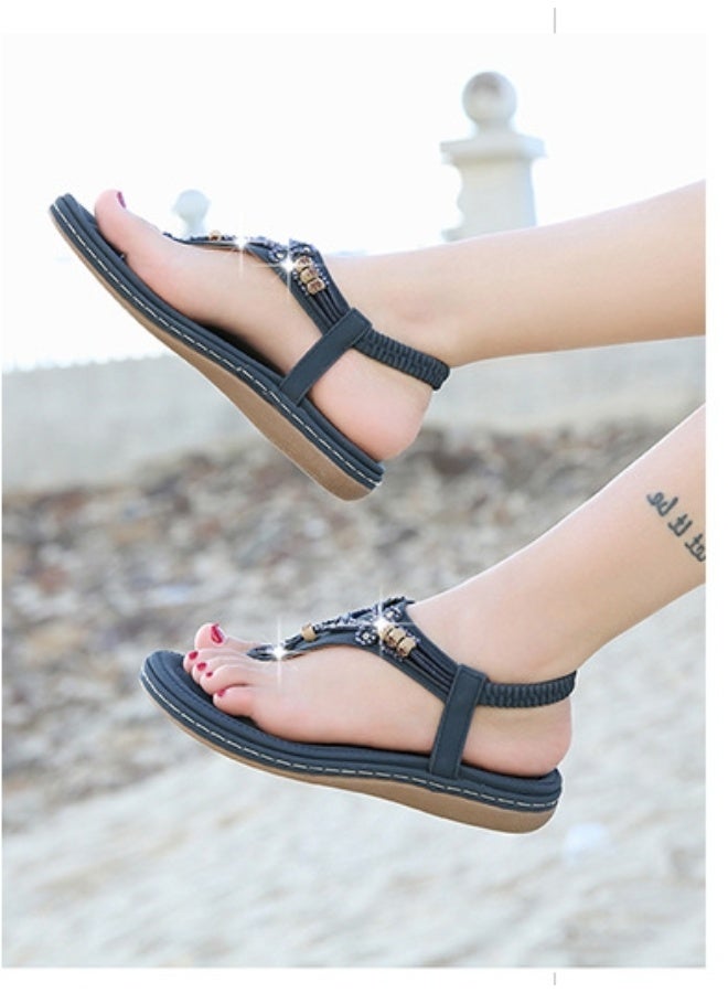 NIBEMINENT Summer Shoes for Women Fashion Bohemia Women Crystal Bead Flat Sandals Casual Flip Flops Slip on Sandalias Beach Shoes  - Image 3