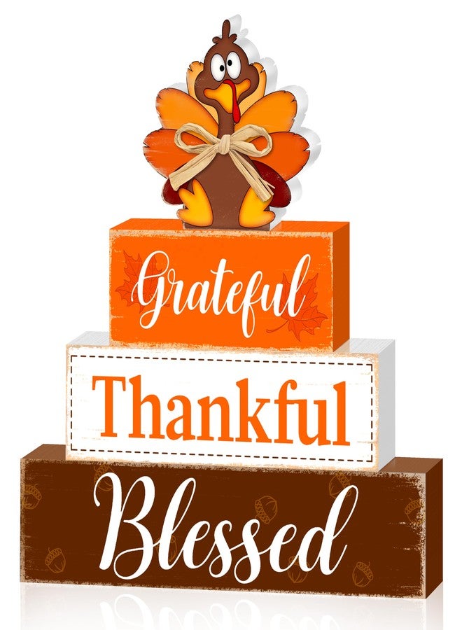 CIOEY Fall Wooden Table Sign,Thanksgiving Turkey Wooden Blocks Table Decor, Blessed Grateful Thankful Tabletop Signs Farmhouse,Autumn Thanksgiving Harvest Home Kitchen Shelf Decor - Image 1