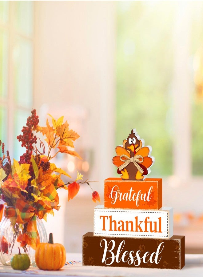 CIOEY Fall Wooden Table Sign,Thanksgiving Turkey Wooden Blocks Table Decor, Blessed Grateful Thankful Tabletop Signs Farmhouse,Autumn Thanksgiving Harvest Home Kitchen Shelf Decor - Image 3