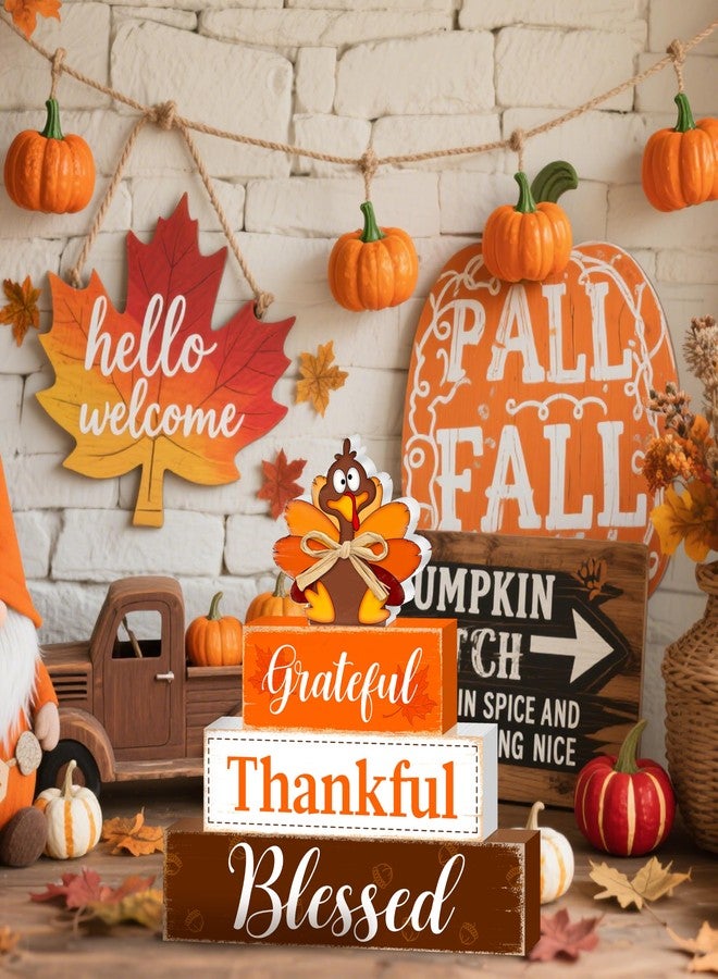 CIOEY Fall Wooden Table Sign,Thanksgiving Turkey Wooden Blocks Table Decor, Blessed Grateful Thankful Tabletop Signs Farmhouse,Autumn Thanksgiving Harvest Home Kitchen Shelf Decor - Image 4
