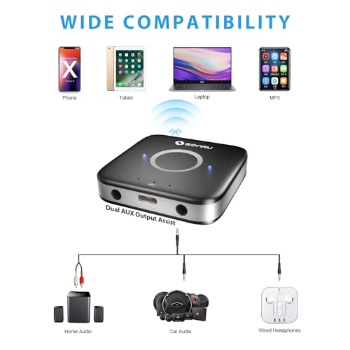 SONRU Bluetooth 5.3 Adapter Hi-Fi Equipment for Car Wireless Audio Receiver with 3.5mm AUX RCA Cable, Noise Cancellation, Dual AUX Outputs for Home Speakers Wired Headphones - Image 2