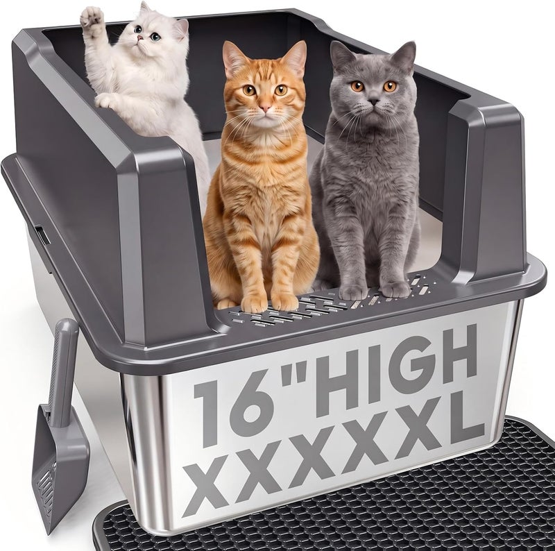 صندوق فضلات تريبامين XXL من الفولاذ المقاوم للصدأ بأطراف عالية 28"×20"×16" صندوق فضلات معدني إضافي كبير للقطط الكبيرة والمتعددة، صينية فضلات ضخمة ذات دخول علوي بغطاء (رمادي غامق، XXXXL-كبير) - Image 1