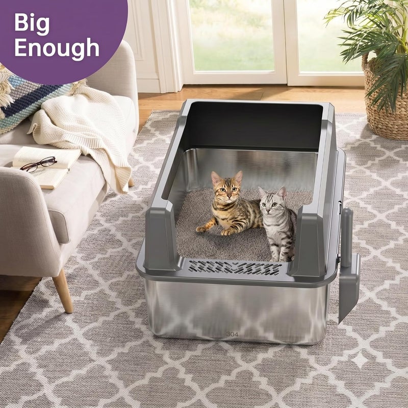صندوق فضلات تريبامين XXL من الفولاذ المقاوم للصدأ بأطراف عالية 28"×20"×16" صندوق فضلات معدني إضافي كبير للقطط الكبيرة والمتعددة، صينية فضلات ضخمة ذات دخول علوي بغطاء (رمادي غامق، XXXXL-كبير) - Image 4