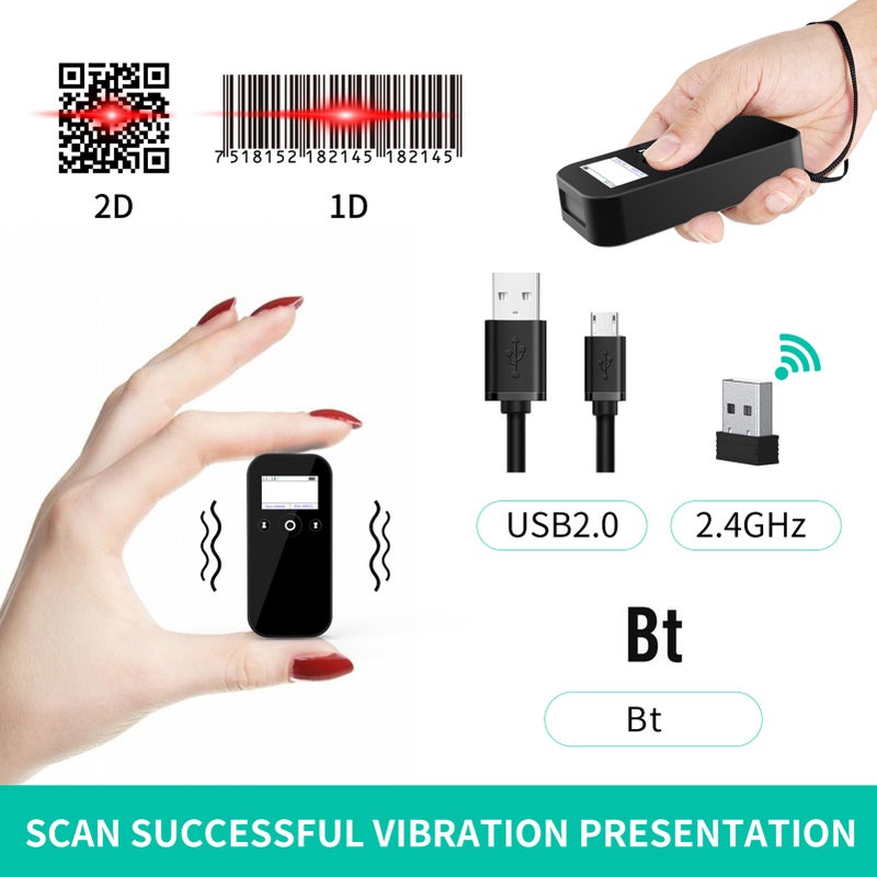 2D 1D Wireless USB 2.4G BT Barcode Scanner with Screen Display Handheld Bar Code Reader Battery Level Time Display Works Suitable for PC Moile Devices Warehouse Supermarket Library - Image 3