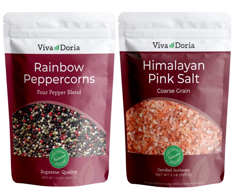 Viva Doria Rainbow Peppercorns Blend 12 oz & Himalayan Pink Salt, Coarse Grain, 2 lb - Steam Sterilized Mixed Whole Peppercorns and Coarse Salt for Grinder Refills, 2-Set Combo Pack - Image 1