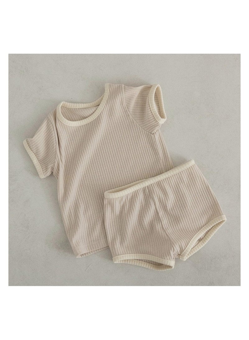 Baby Soft Breathable Cotton Short-Sleeved T-Shirt + Shorts Split Light Apricot Two-Piece Set - Image 1