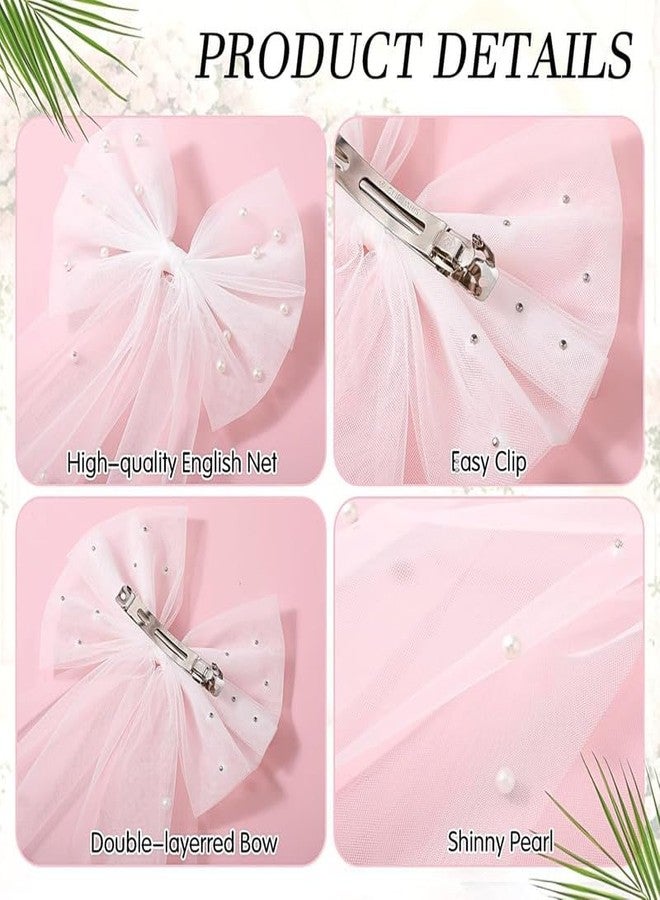 FAMEZA 1 Pcs Luxury Bridal Pearl Veil Hair Bow Wedding White Tulle Bow with Clip Wedding Bachelorette Hair Accessories for Women, Large Hair Bow with Barrette(White Pearl) - Image 4