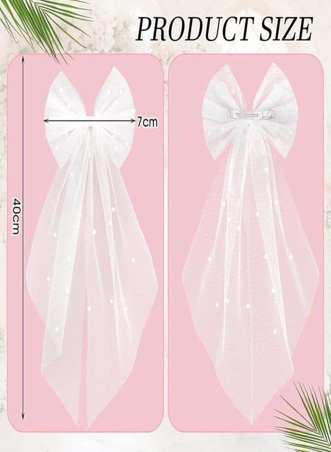 FAMEZA 1 Pcs Luxury Bridal Pearl Veil Hair Bow Wedding White Tulle Bow with Clip Wedding Bachelorette Hair Accessories for Women, Large Hair Bow with Barrette(White Pearl) - Image 2