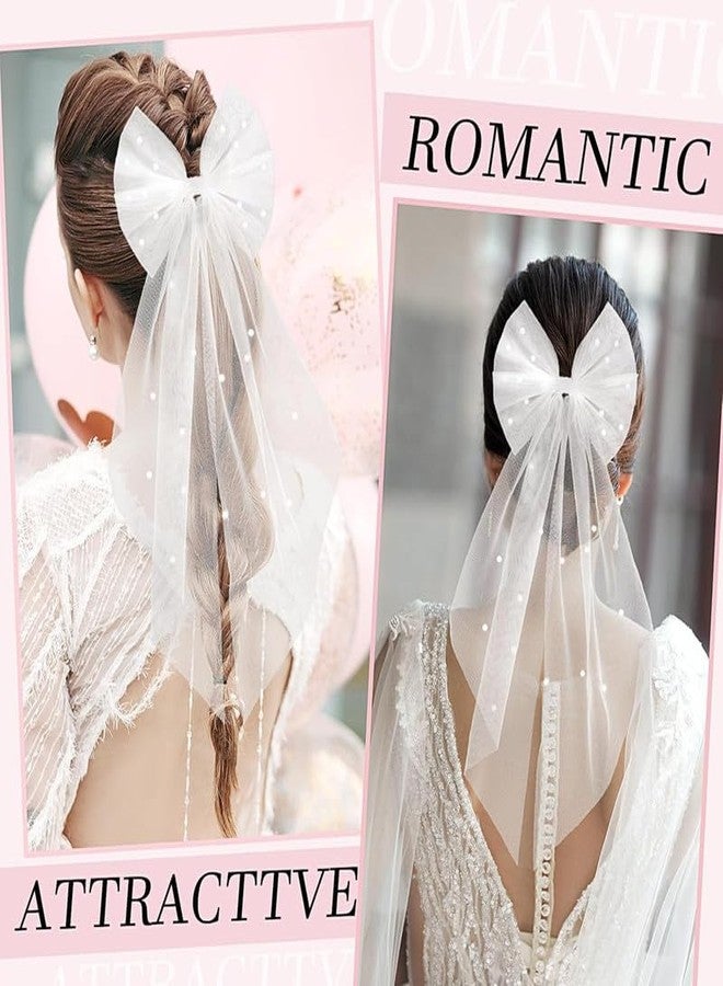 FAMEZA 1 Pcs Luxury Bridal Pearl Veil Hair Bow Wedding White Tulle Bow with Clip Wedding Bachelorette Hair Accessories for Women, Large Hair Bow with Barrette(White Pearl) - Image 3