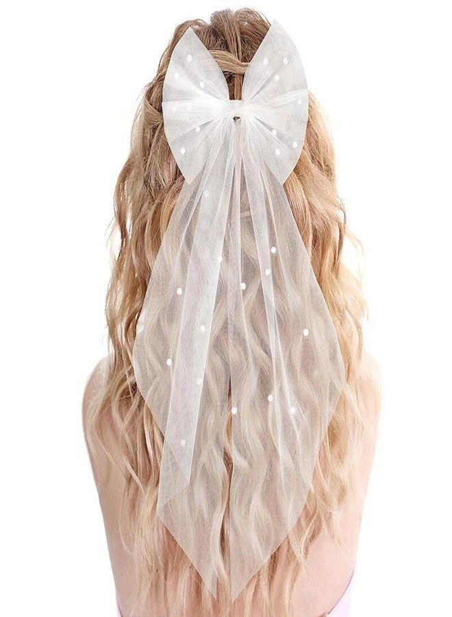 FAMEZA 1 Pcs Luxury Bridal Pearl Veil Hair Bow Wedding White Tulle Bow with Clip Wedding Bachelorette Hair Accessories for Women, Large Hair Bow with Barrette(White Pearl) - Image 1
