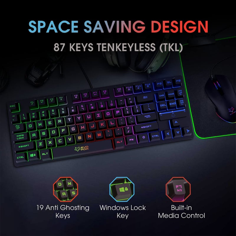 EvoFox X-Team Fireblade Gaming Keyboard Combo with Space-Saving TKL Design, Breathing LED Effects, Anti-ghosting Keys and 6 Button Mouse with up to 3200 DPI Setting (Wired, Black) - Image 2