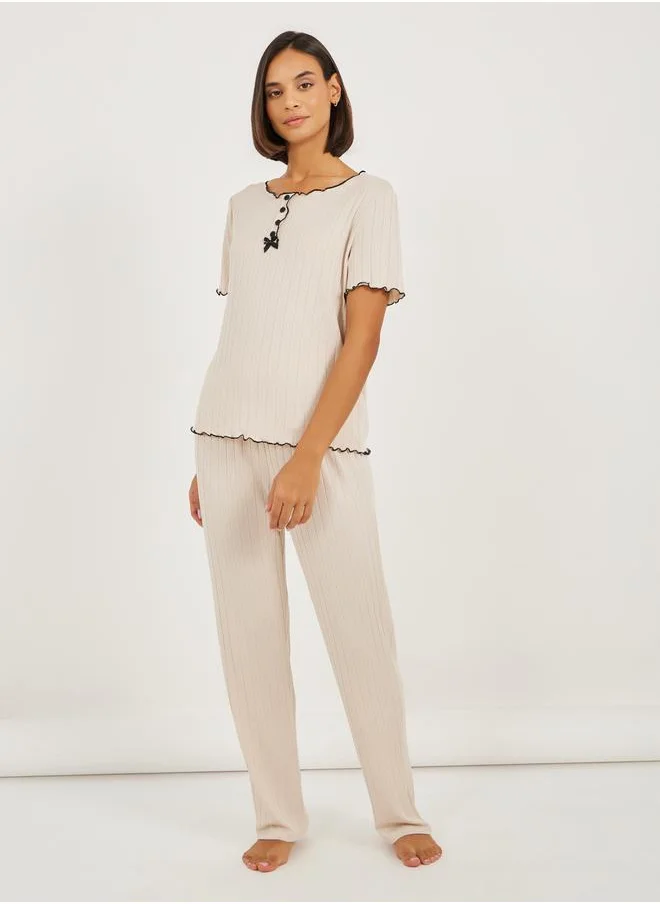 ستايلي Brushed Rib Contrast Edge Placket T-Shirt and Pyjama Set